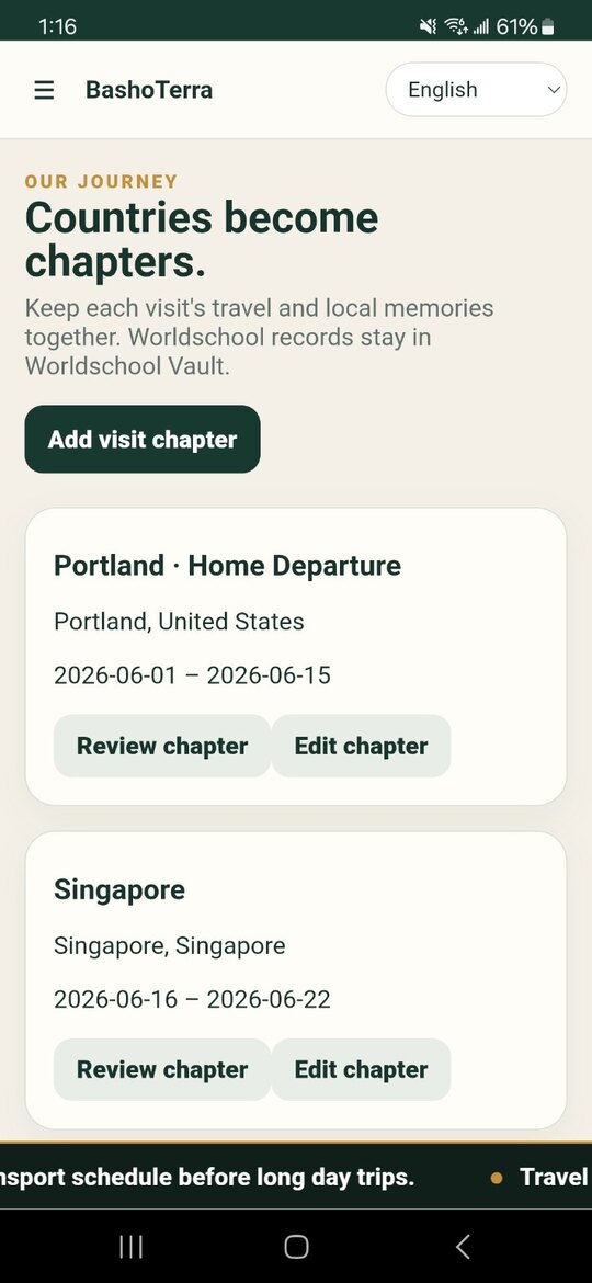BashoTerra Country Chapters showing dated visits for Portland and Singapore for a fictional demo family