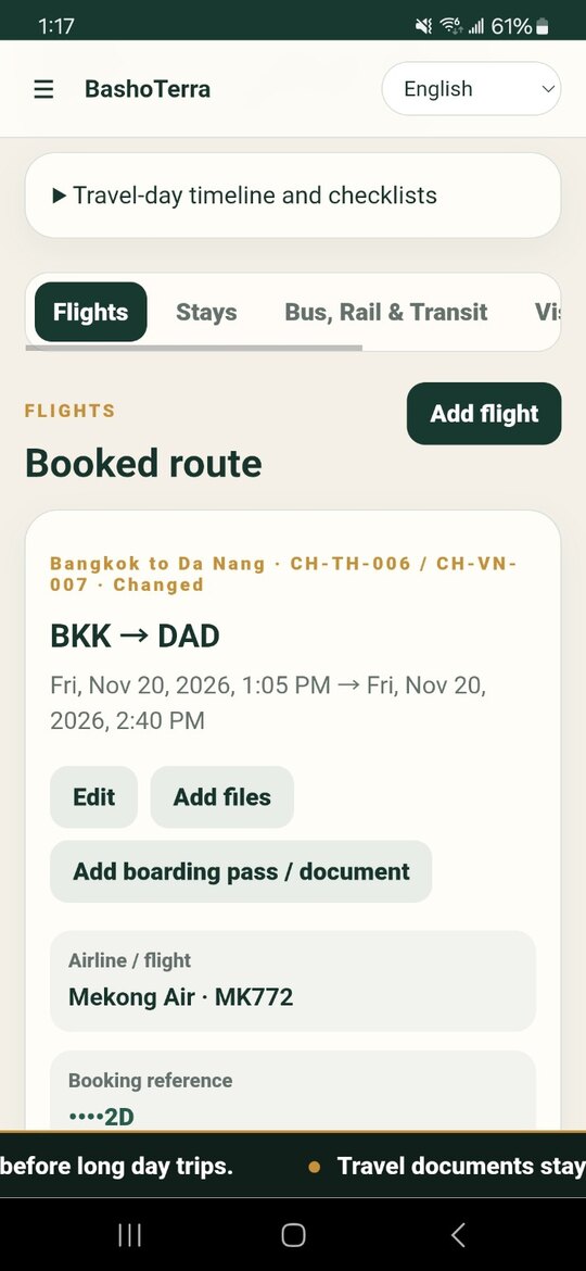 BashoTerra Travel Vault showing a booked flight from Bangkok to Da Nang for a fictional demo family