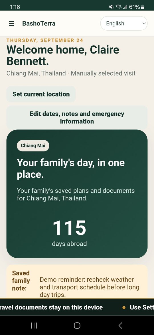 BashoTerra private beta home dashboard for the fictional Bennett demo family in Chiang Mai