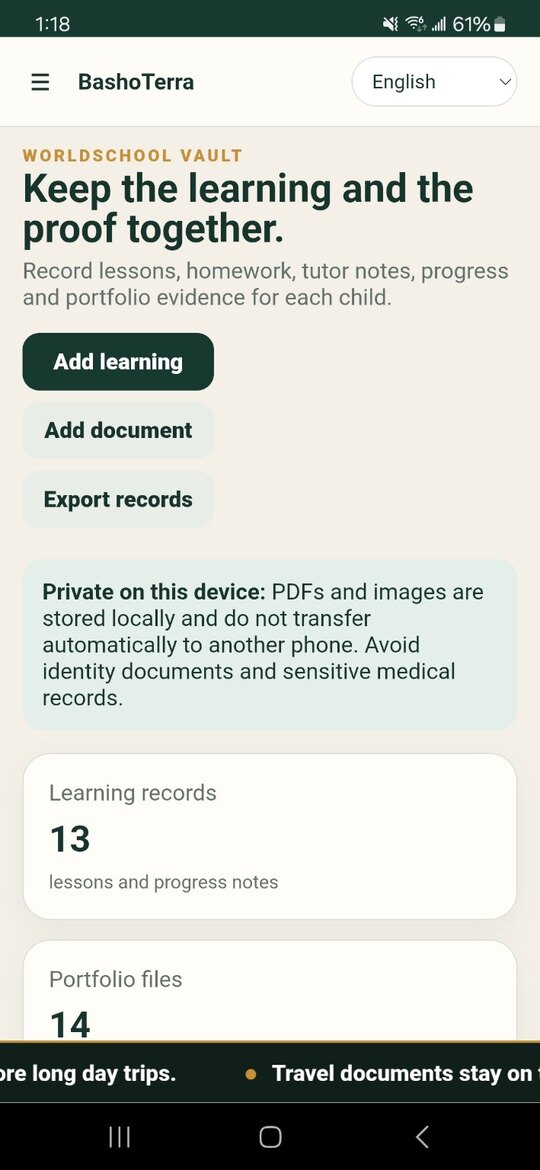 BashoTerra Worldschool Vault showing learning records and portfolio files for a fictional demo family